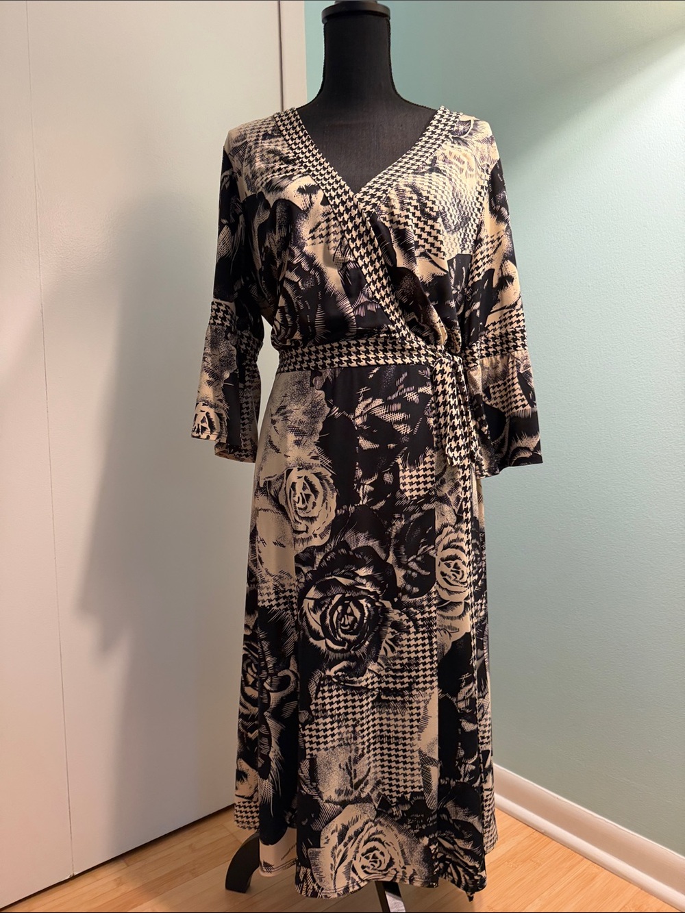 Talbots Black and Beige Mixed Floral Houndstooth Wrap Midi Dress